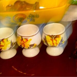 3 single egg ceramic cup bowls Japanese floral design